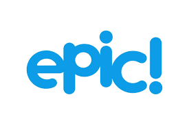 lowercase blue letters epic with exclamation point