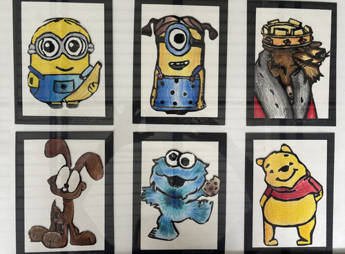 Artwork of Minion characters, as well as Cookie Monster and Pooh Bear