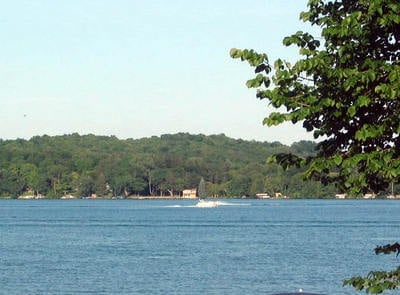 Blue lake, trees and clear blue sky